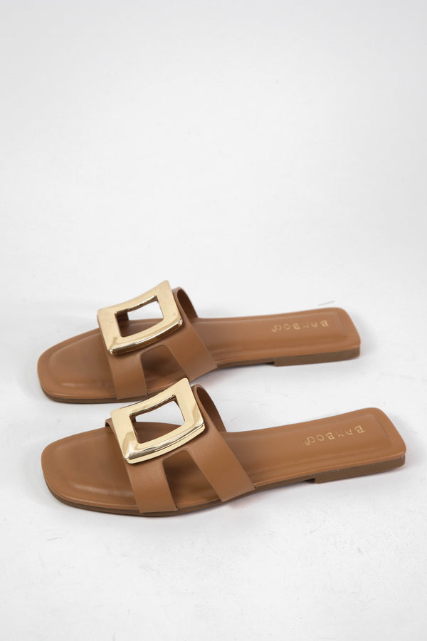 Token Square Gold Buckle Slide, Tan