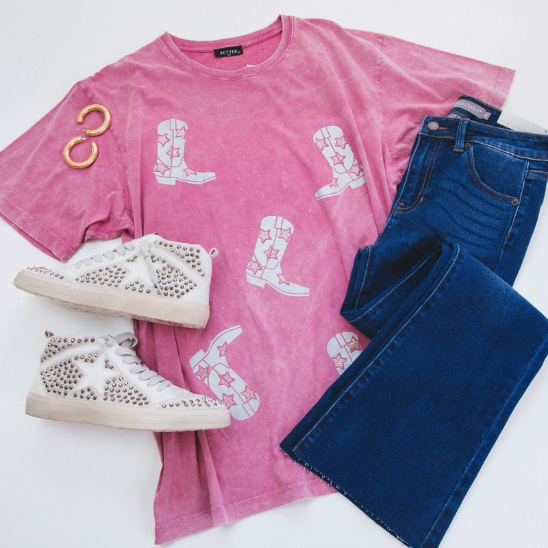 Glitter Cowboy Boots Tee, Pink