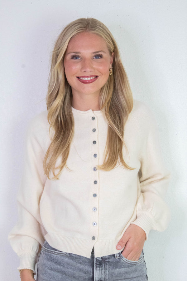 Juliette Rolled Edge Balloon Sleeve Cardigan, Cream