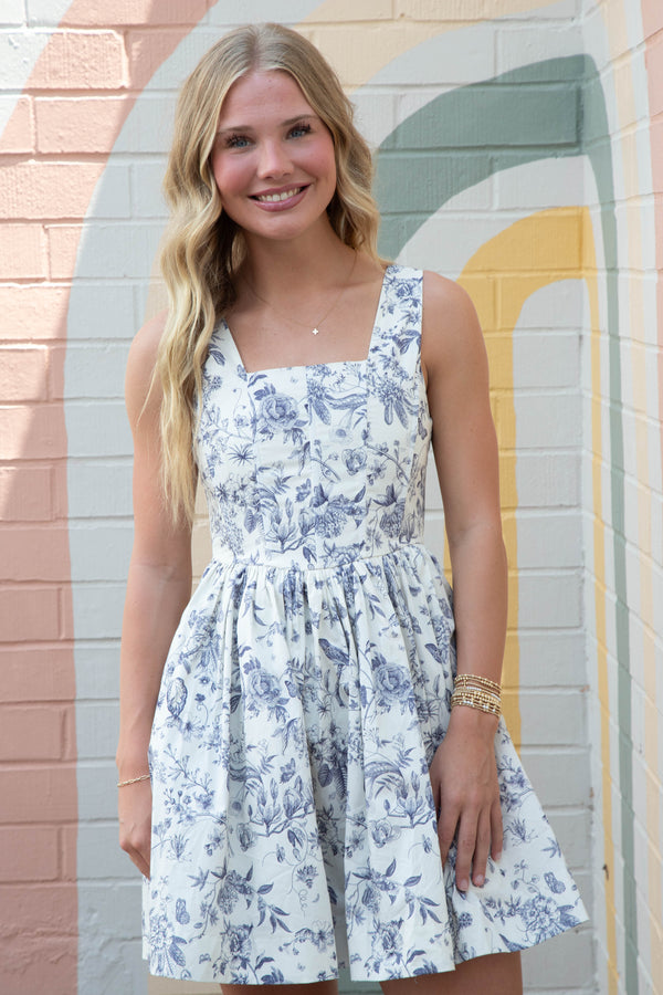 Skye Floral Corset Mini Dress, Blue Grey