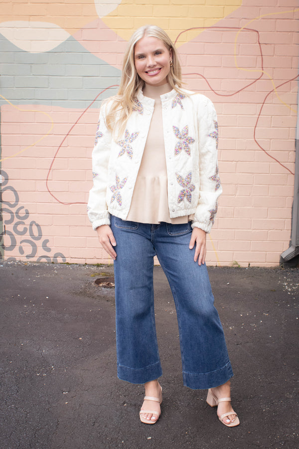 Enid Floral Applique Quilted Jacket, Cream
