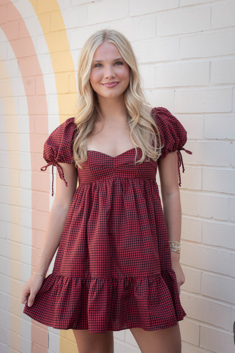 Francine Sweetheart Neck Checkered Dress, Black Red