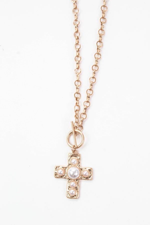 Lina Pearl Studded Cross Chain Necklace, Gold