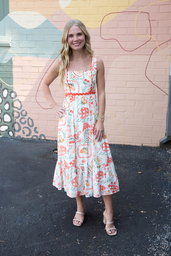Emberly Picnic Print Scallop Trim Dress, Red