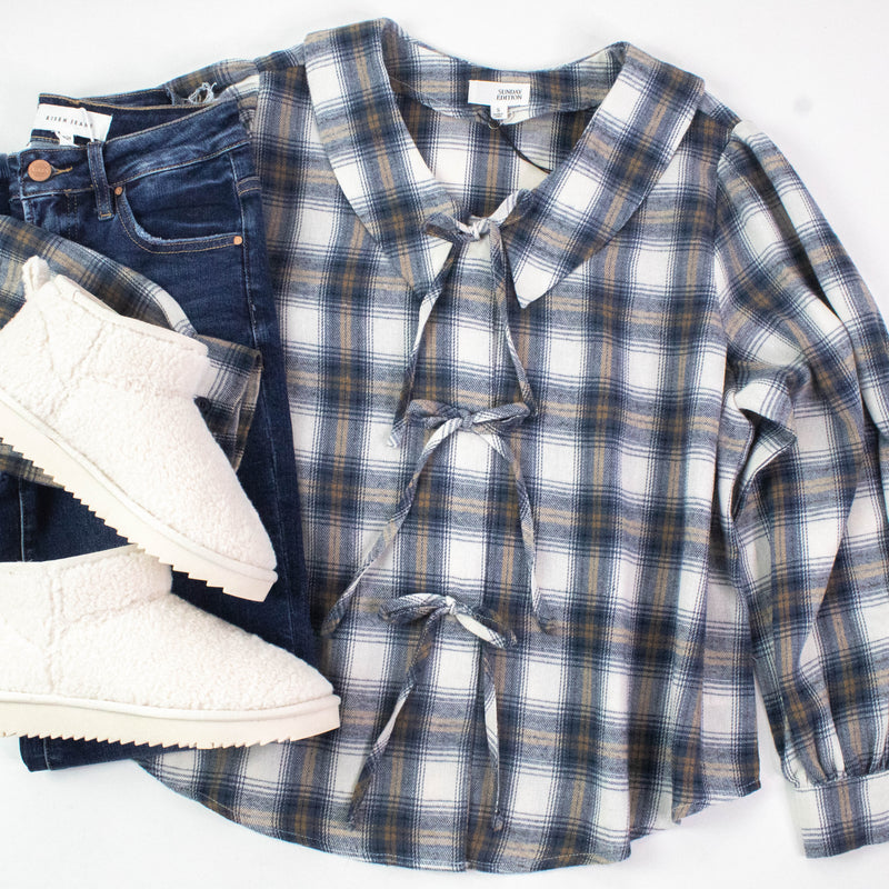 Raelynn Peter Pan Collared Shirt, Cream-Blue Plaid