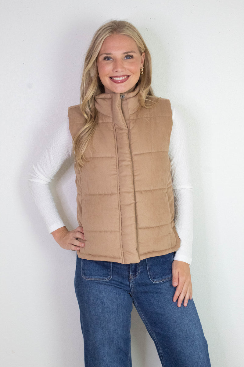 Isabelle Suede Puffer Vest, Camel