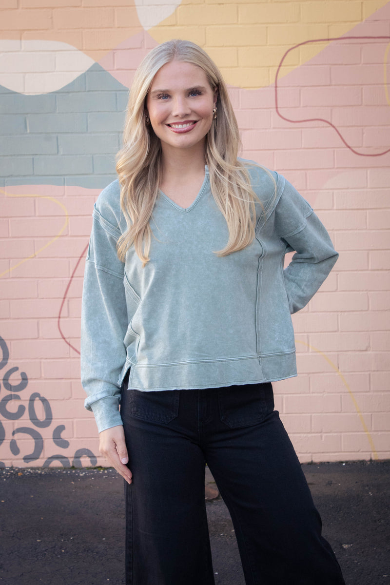 Remy Washed Exposed Seam Knit Top, Moss