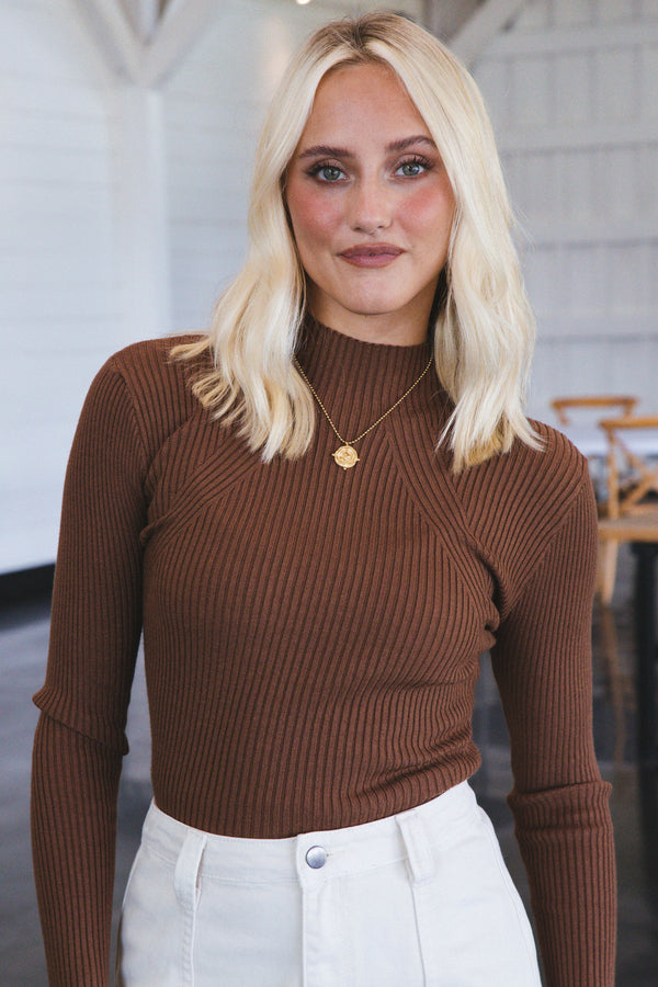 Kolbi Ribbed Mock Neck Sweater, Brown