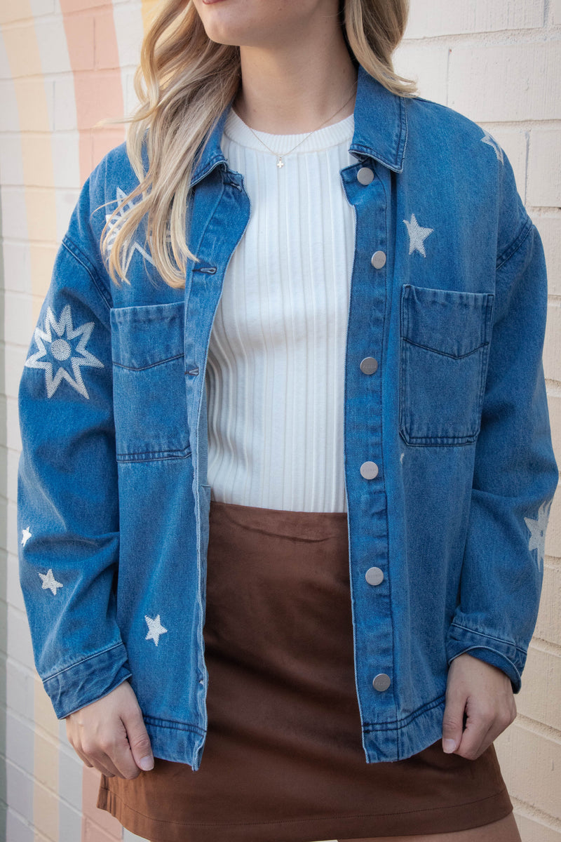 Harlow Star Embroidered Denim Jacket, Medium