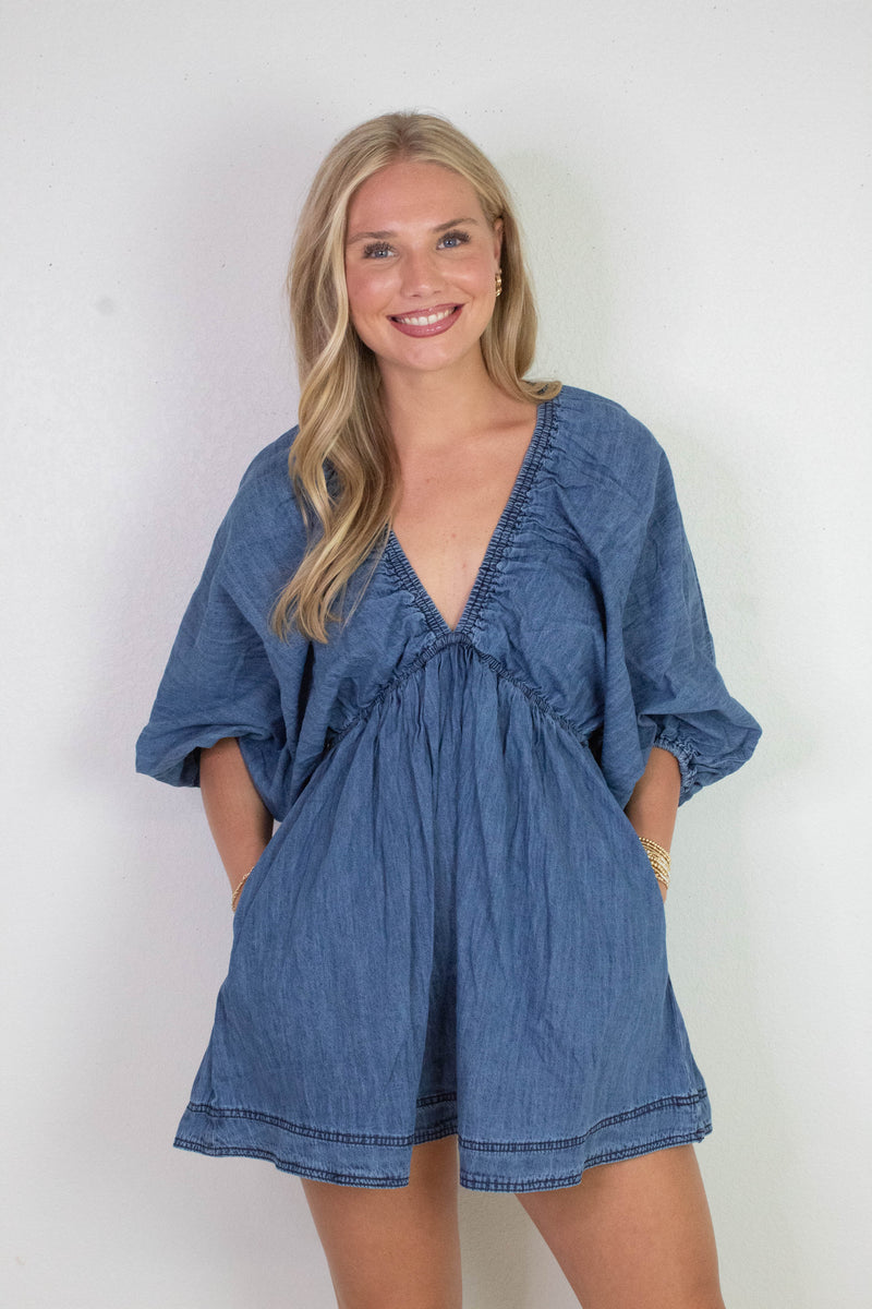 Emry Puff Sleeve Denim Dress, Medium Denim