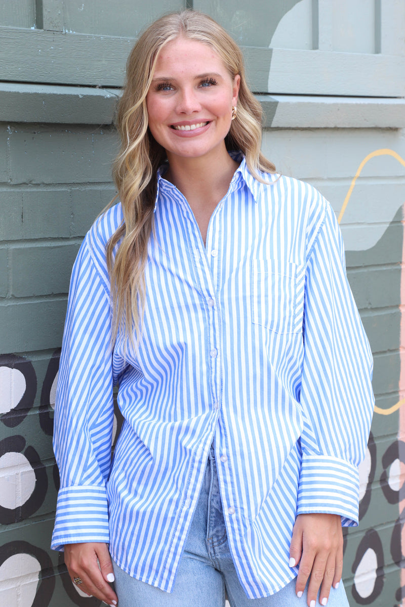 Sabine Tailored Stripe Shirt, Oxford Stripe Blue | Free People