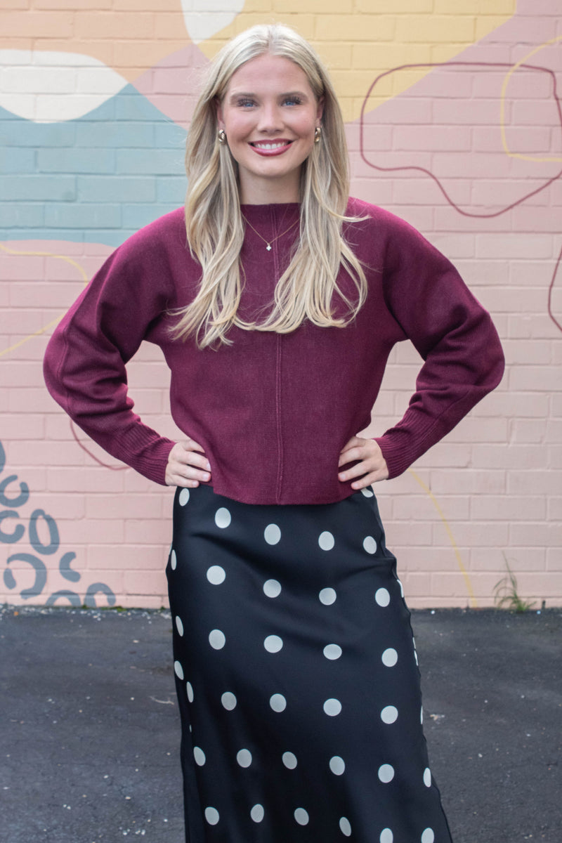 Sloane Satin Polka Dot Midi Skirt, Black-Cream Dot
