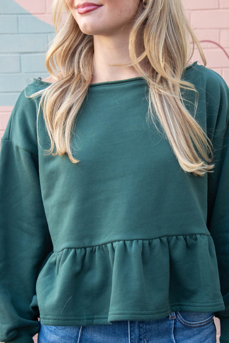Arabella Peplum Hem Sweatshirt, Hunter Green