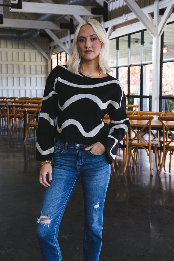 Swirl Boat Neck Sweater, Black/Cream