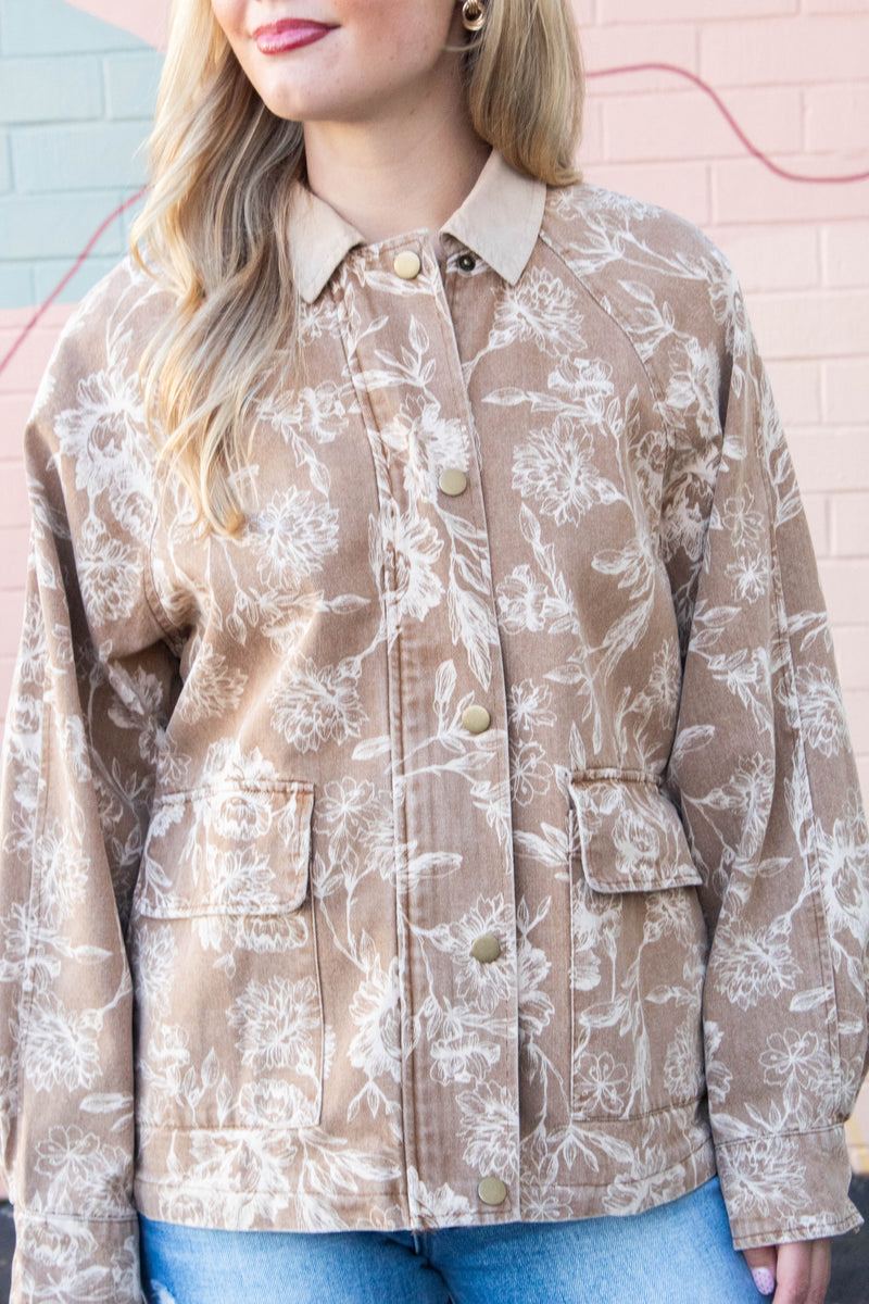 Angelica Corduroy Collared Floral Jacket, Light Brown