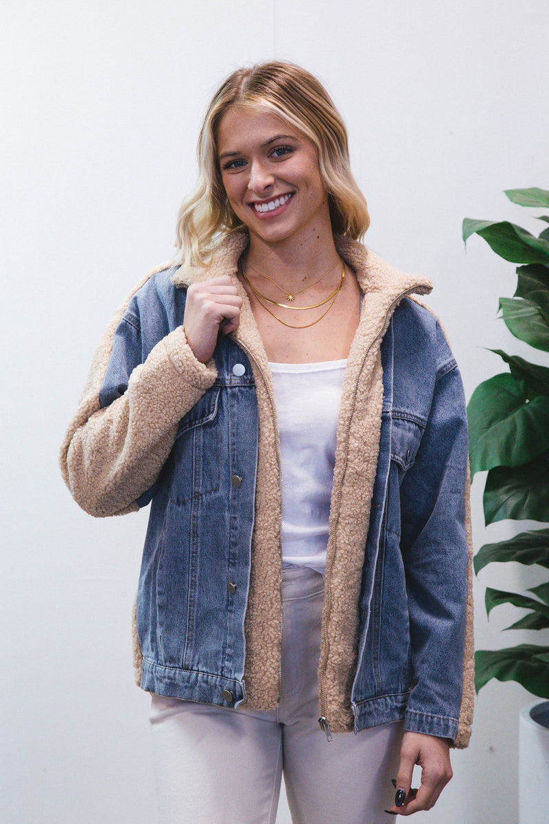 Lexie Faux Fur Denim Mix Jacket, Tan/Denim