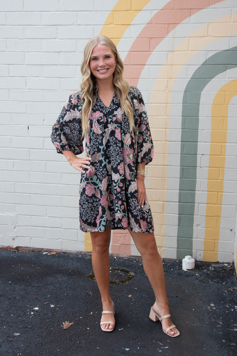 Lilia Floral Ruffled V-Neck Dress, Black