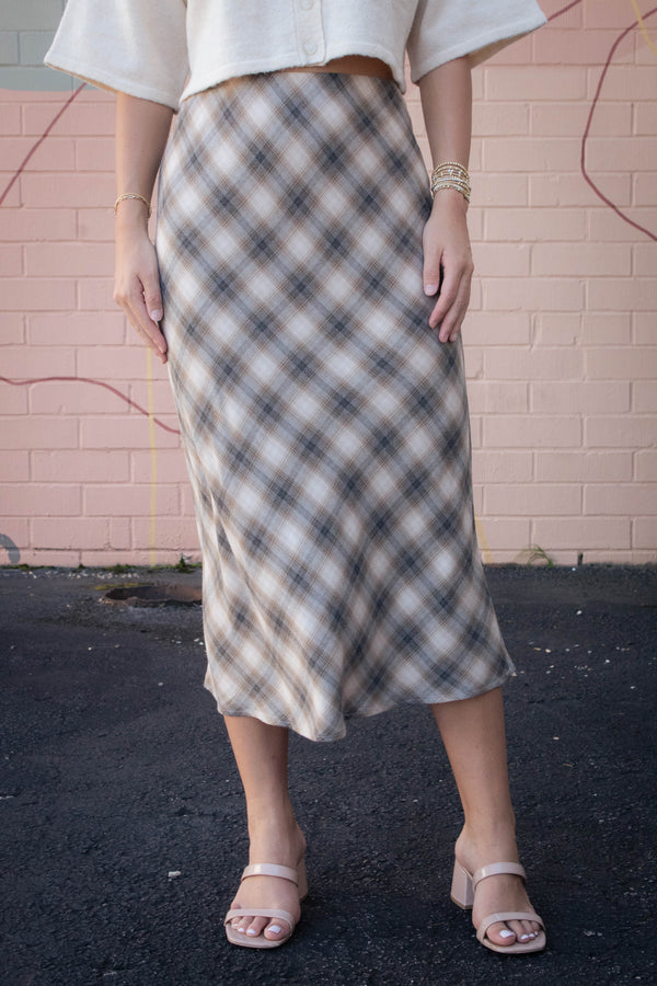 Evangeline Tartan Plaid Flowy Midi Skirt, Charcoal