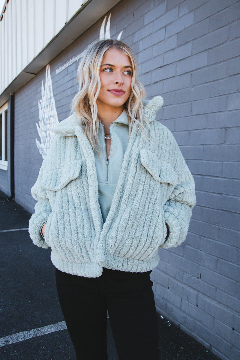 Teddy Snap Button Down Jacket, Sage