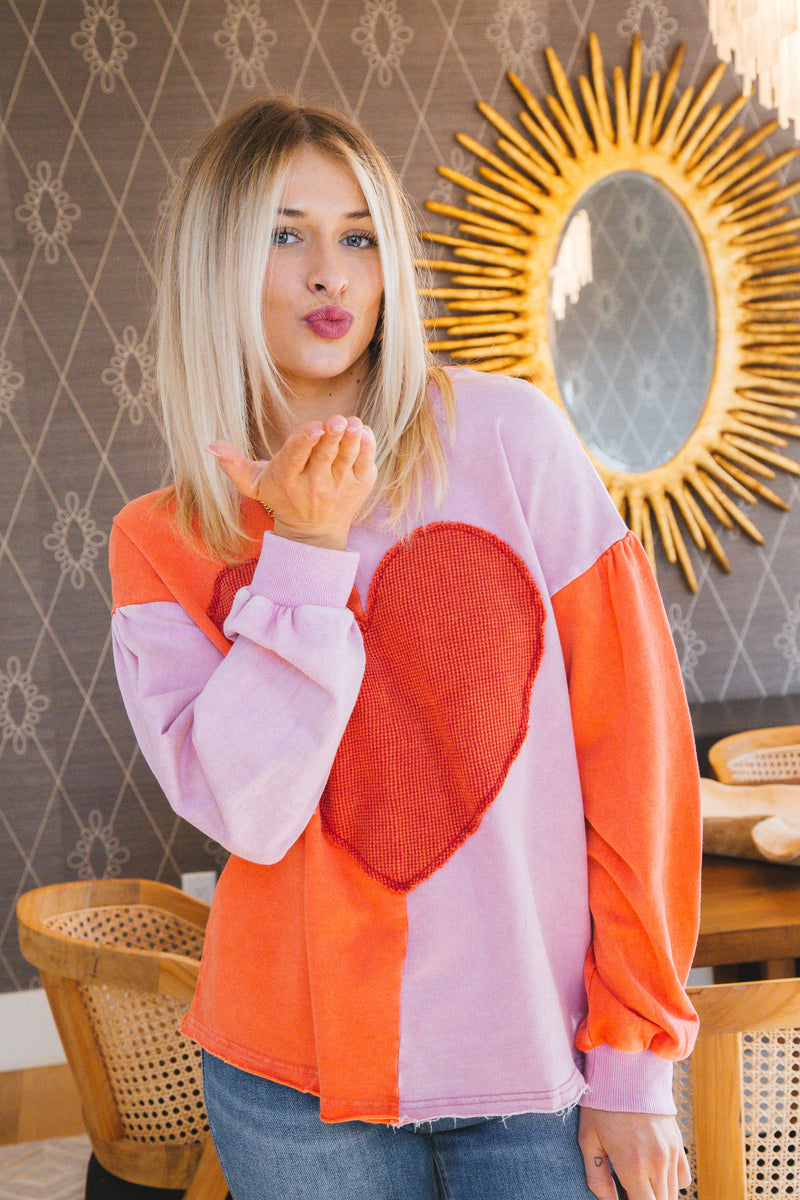 Heart Patch Color Block Pullover, Washed Red/Pink