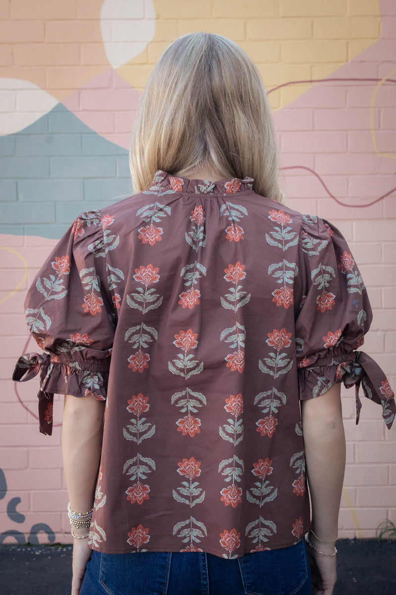 Athena Floral Print Ruffle Neck Top, Brown