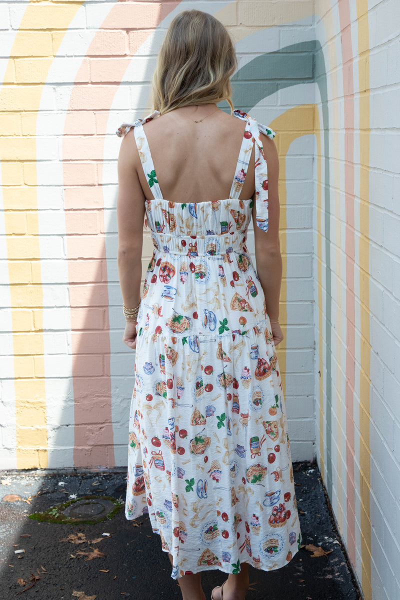 Allie Tea Time Tie Strap Midi Dress, Off White Multi
