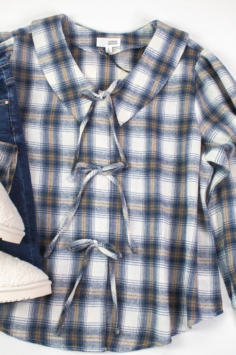 Raelynn Peter Pan Collared Shirt, Cream-Blue Plaid