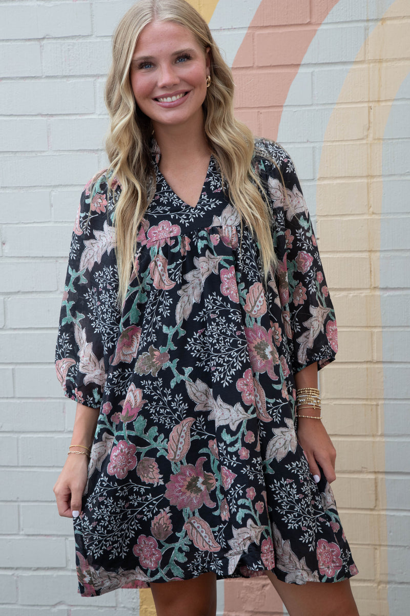 Lilia Floral Ruffled V-Neck Dress, Black