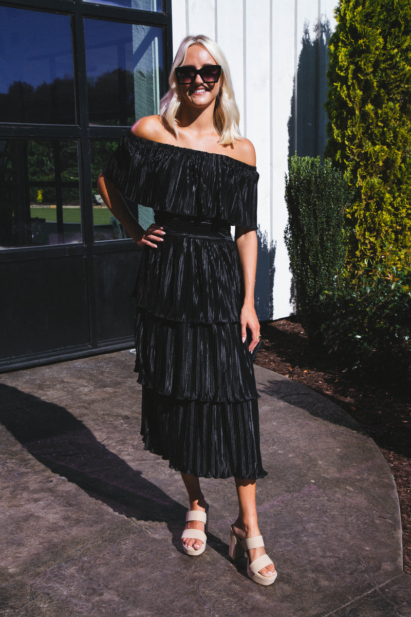 Gamora Pleated Midi Dress, Black