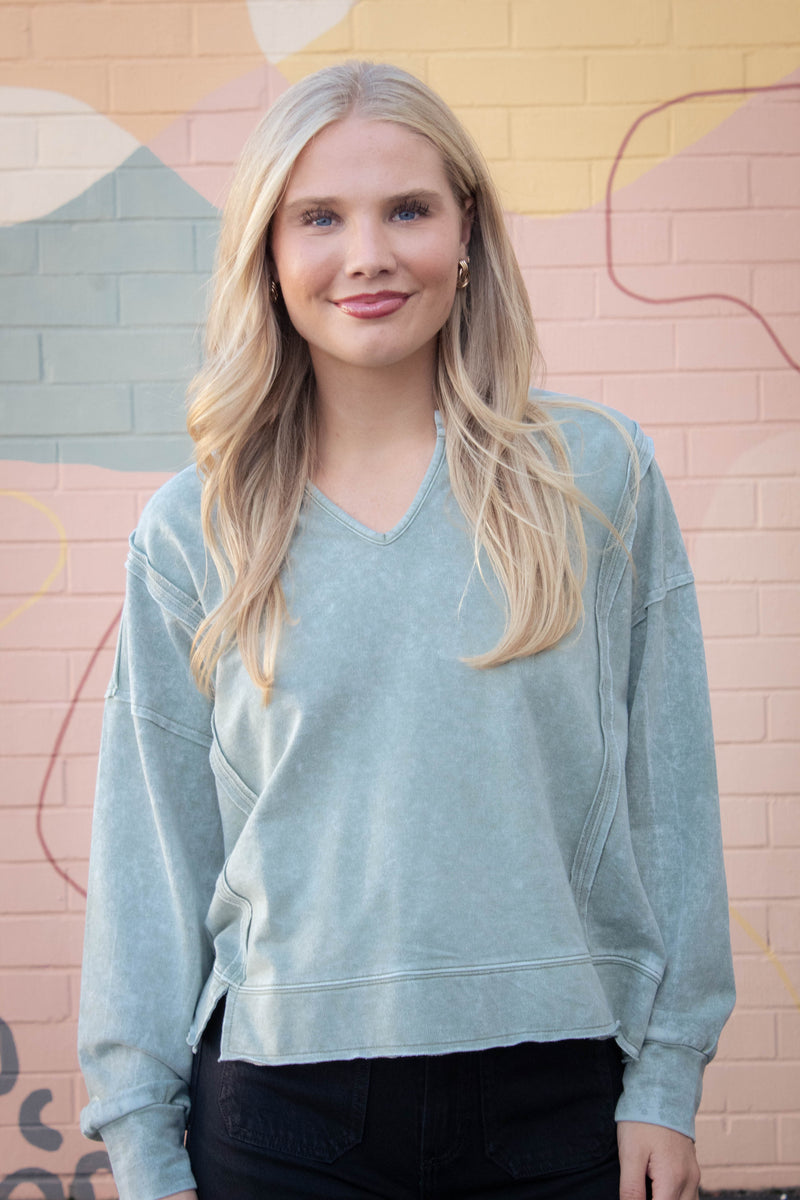 Remy Washed Exposed Seam Knit Top, Moss
