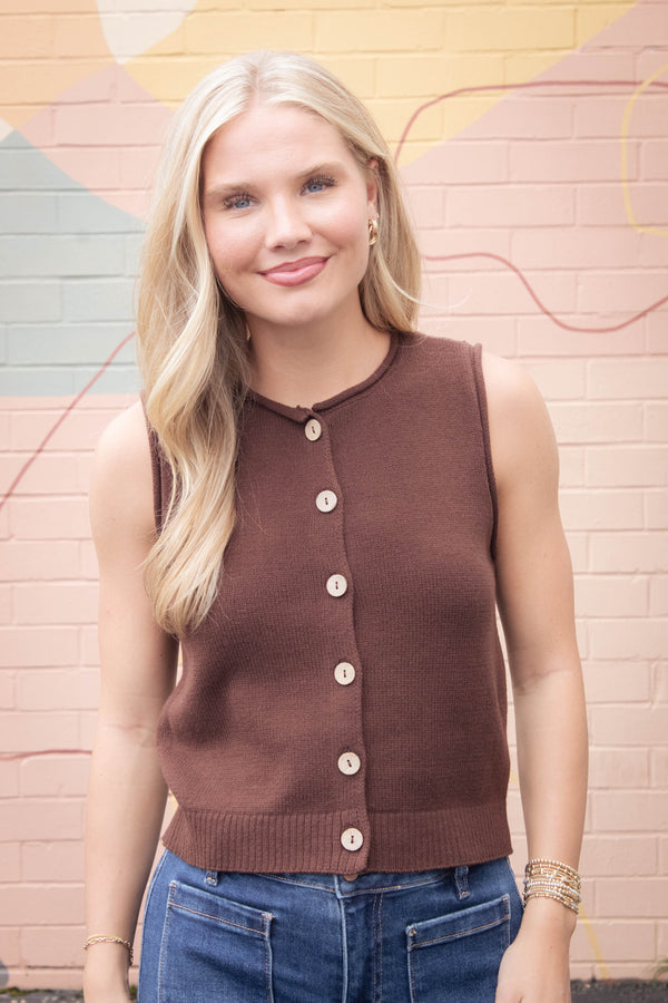 Lina Raw Edge Cardigan Vest, Brown