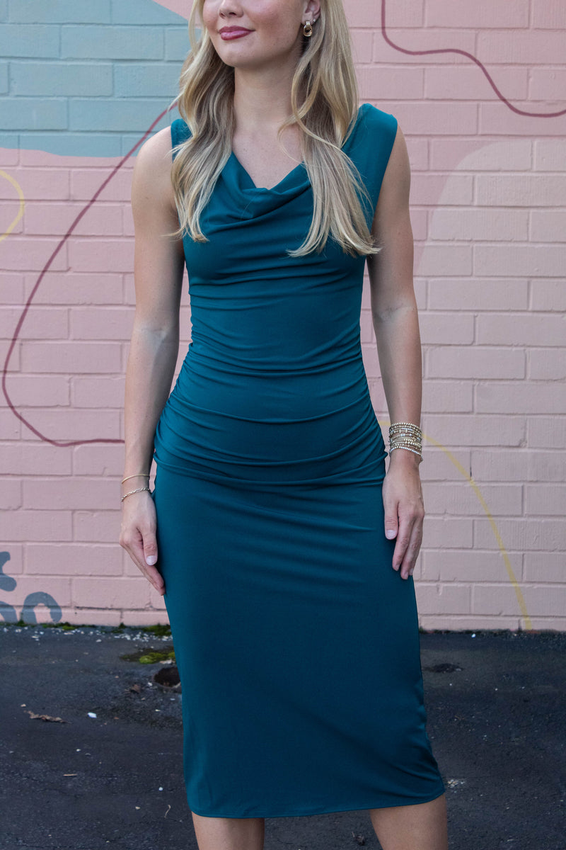 Kalina Cowl Neck Midi Dress, Midnight Teal | Steve Madden