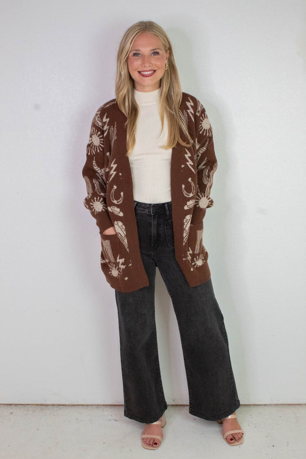 Alina Oversized Western Print Cardigan, Chocolate