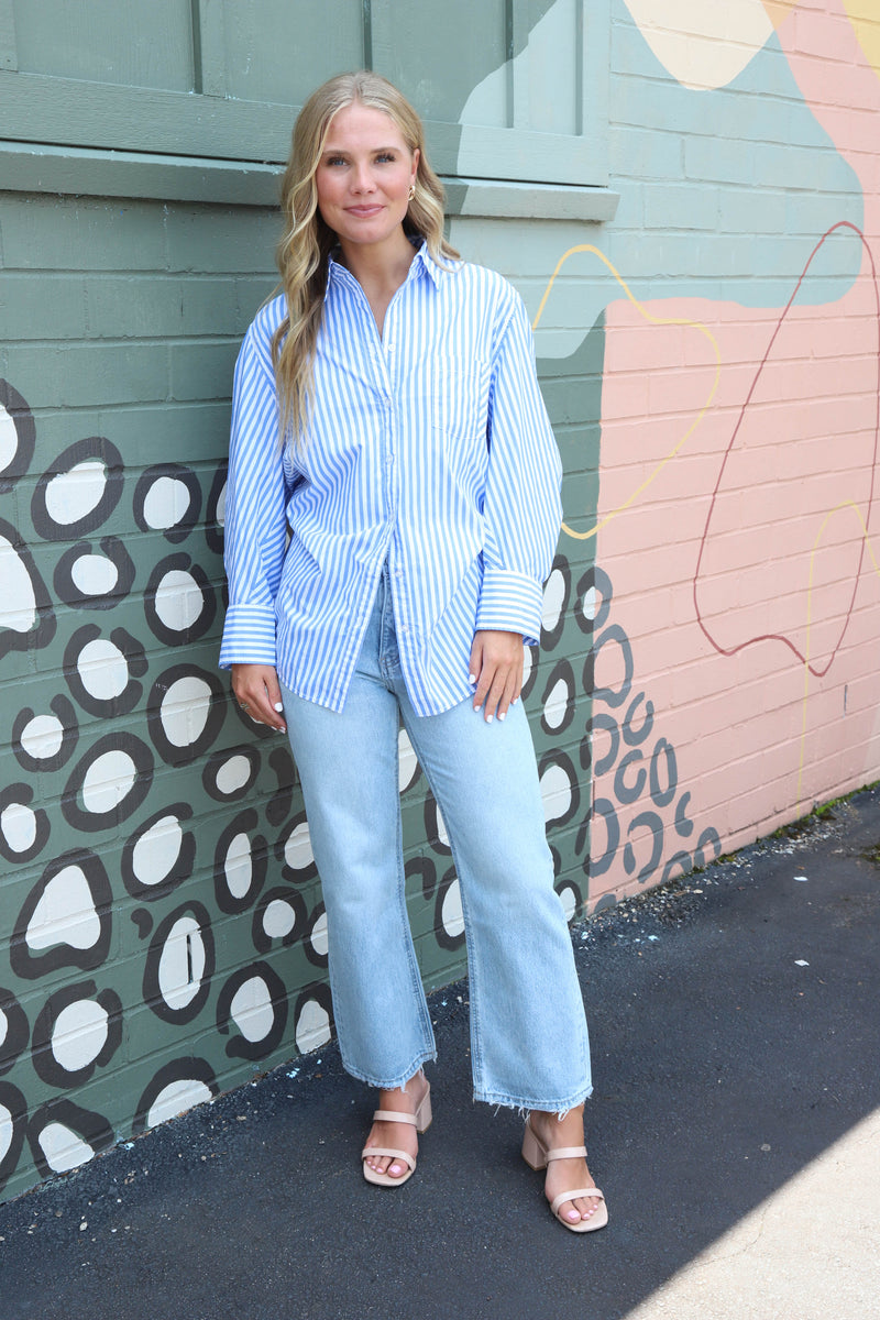 Sabine Tailored Stripe Shirt, Oxford Stripe Blue | Free People