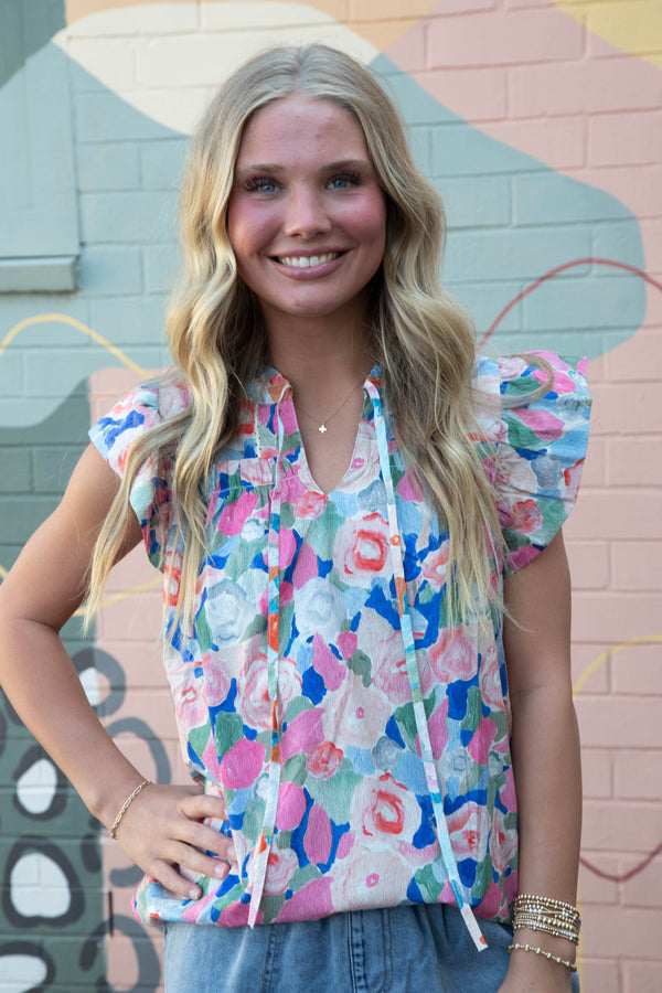 Caroline Floral Tie Neck Top, Pink/Royal
