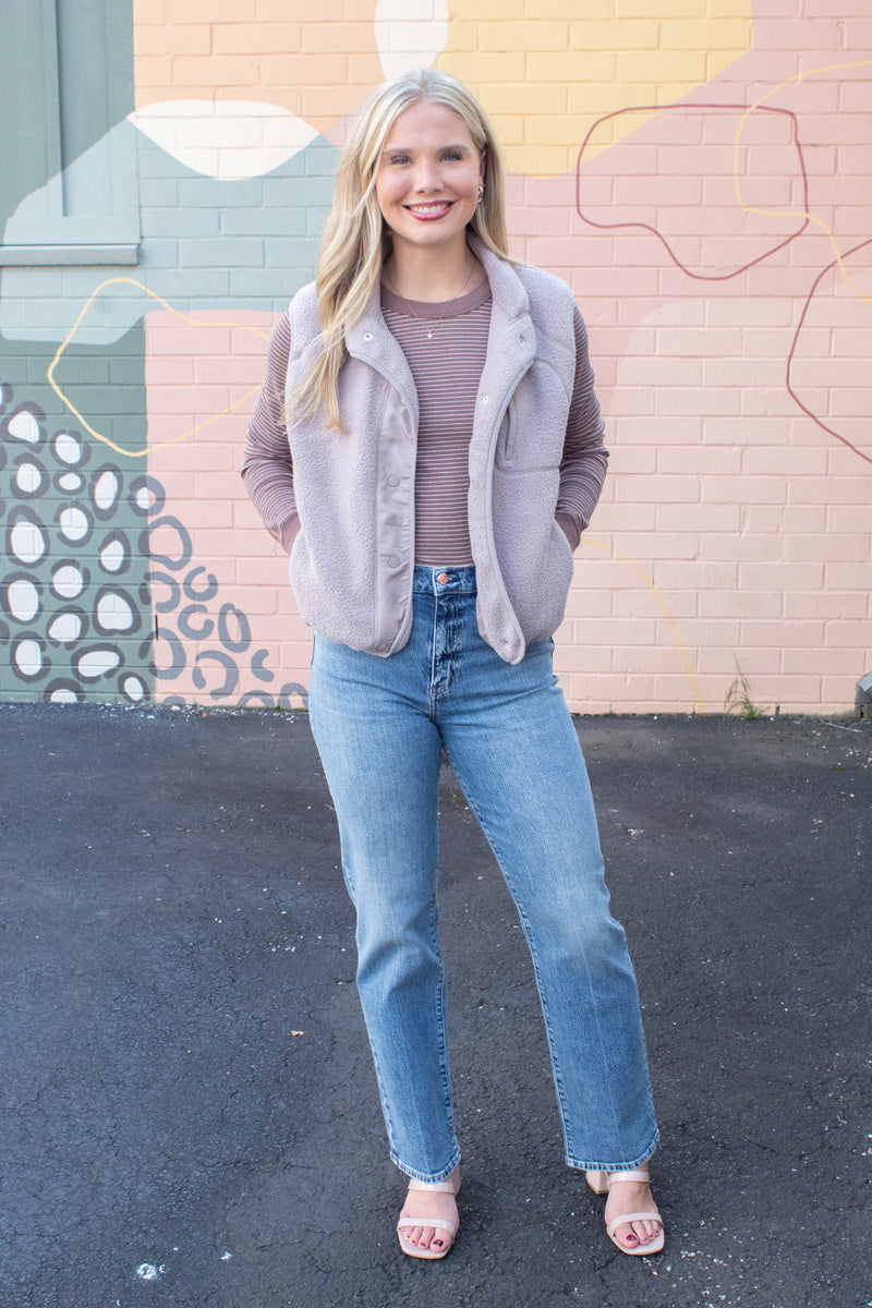 Elena Fleece Button Up Vest, Earth Grey
