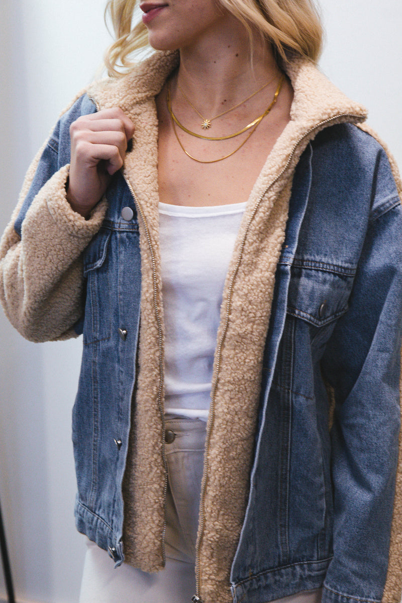 Tan denim jacket with fur cheap