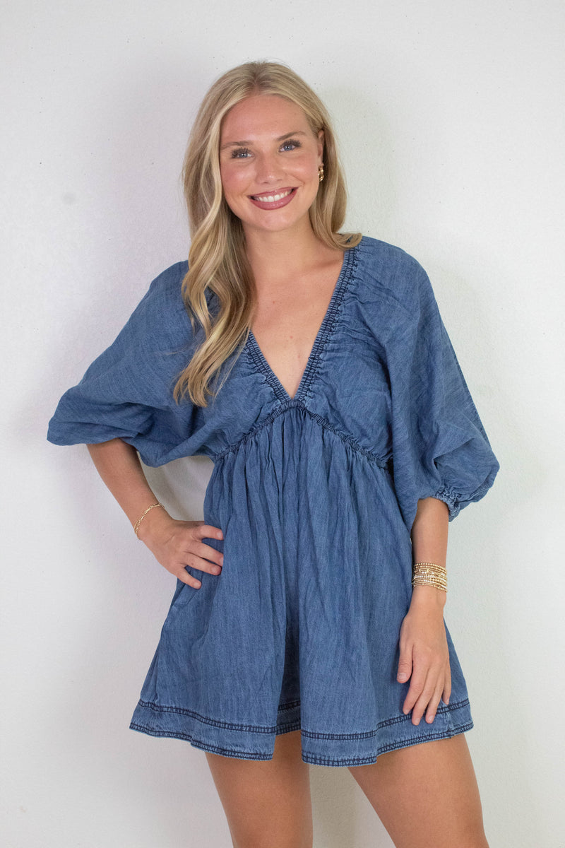 Emry Puff Sleeve Denim Dress, Medium Denim