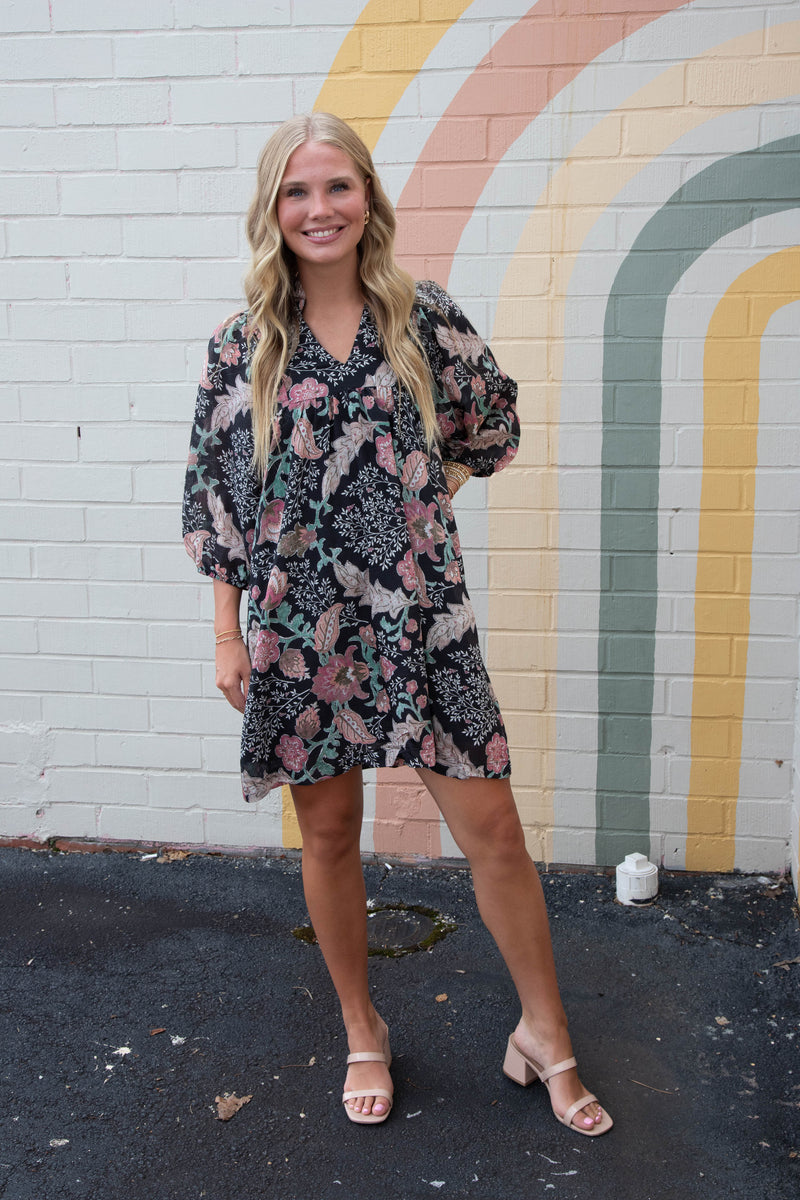 Lilia Floral Ruffled V-Neck Dress, Black