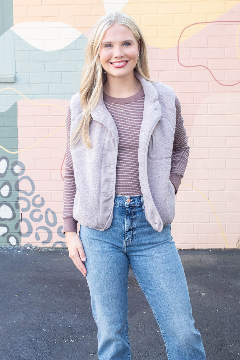 Elena Fleece Button Up Vest, Earth Grey