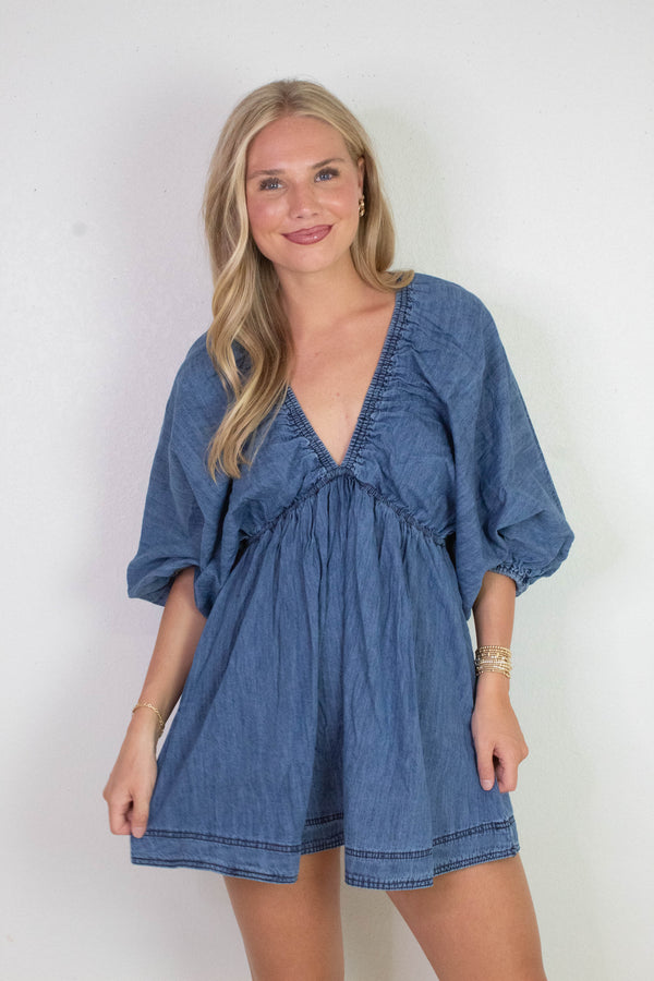 Emry Puff Sleeve Denim Dress, Medium Denim