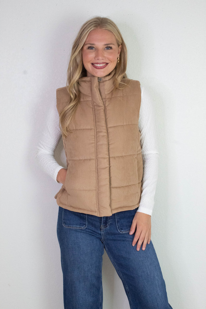 Isabelle Suede Puffer Vest, Camel