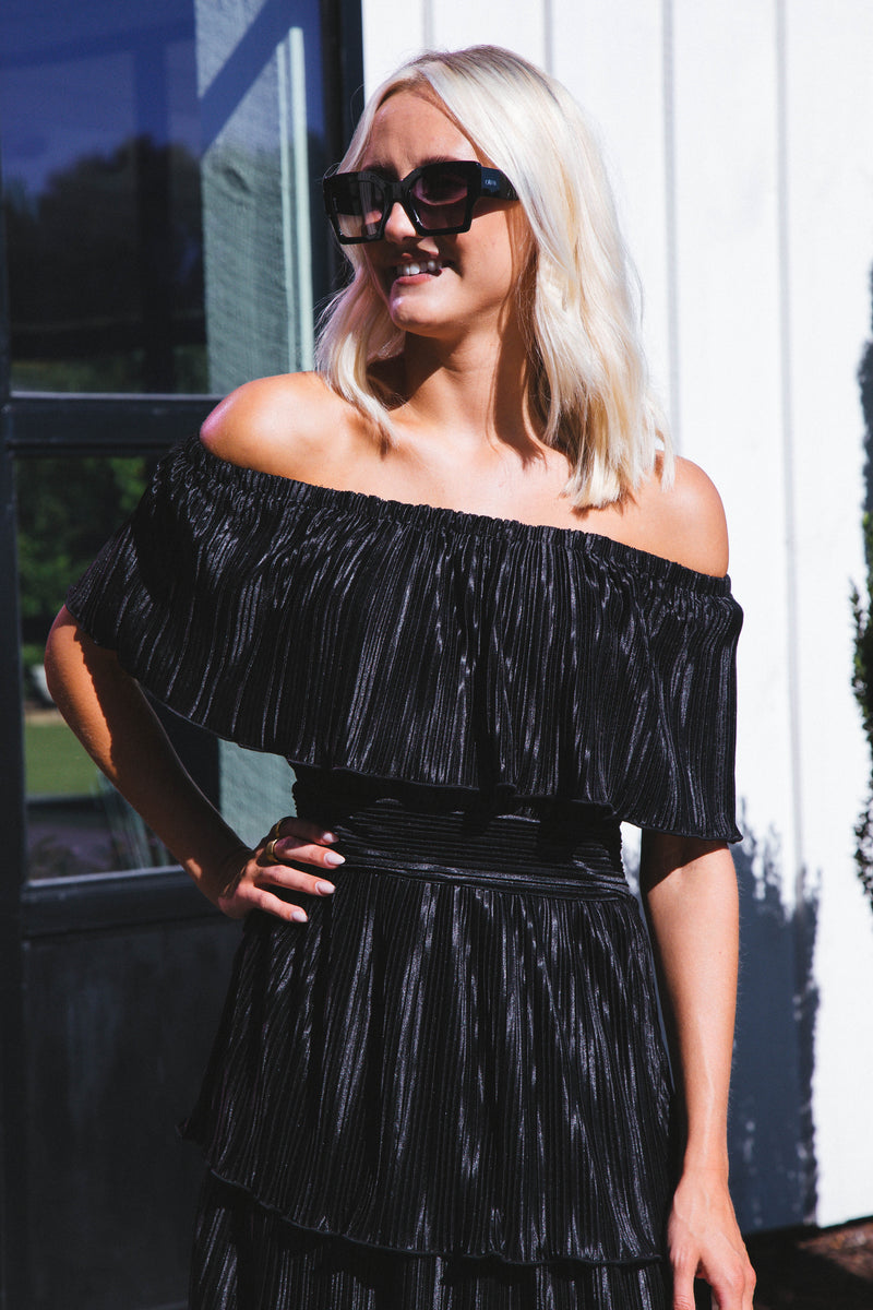 Gamora Pleated Midi Dress, Black