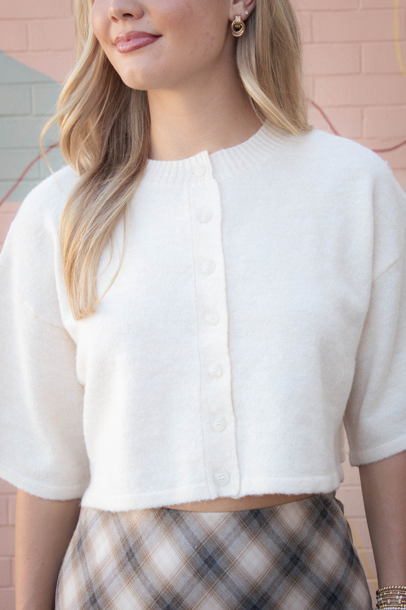 Jeanne Cropped Crew Neck Sweater, Cream