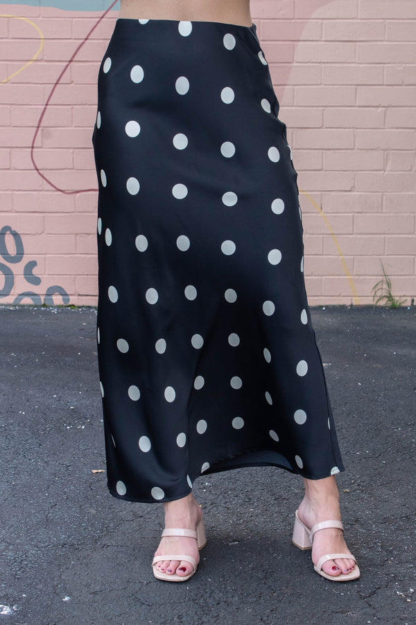 Sloane Satin Polka Dot Midi Skirt, Black-Cream Dot