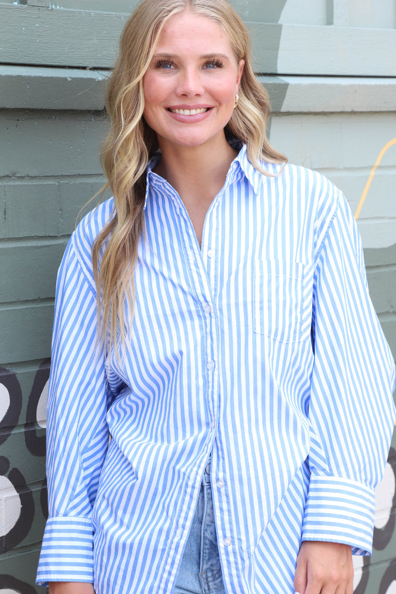Sabine Tailored Stripe Shirt, Oxford Stripe Blue | Free People