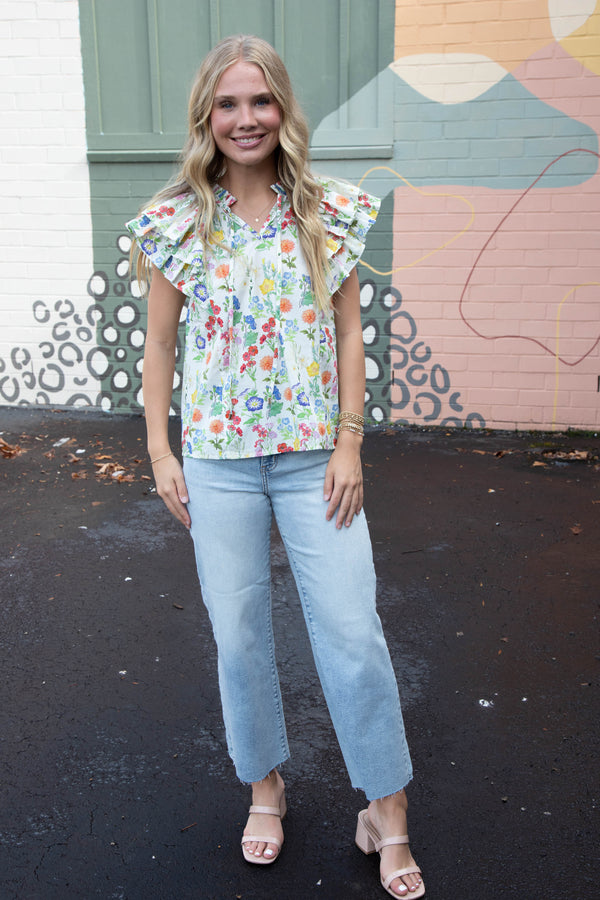 Macie Double Ruffle Sleeve Floral Top, Ivory