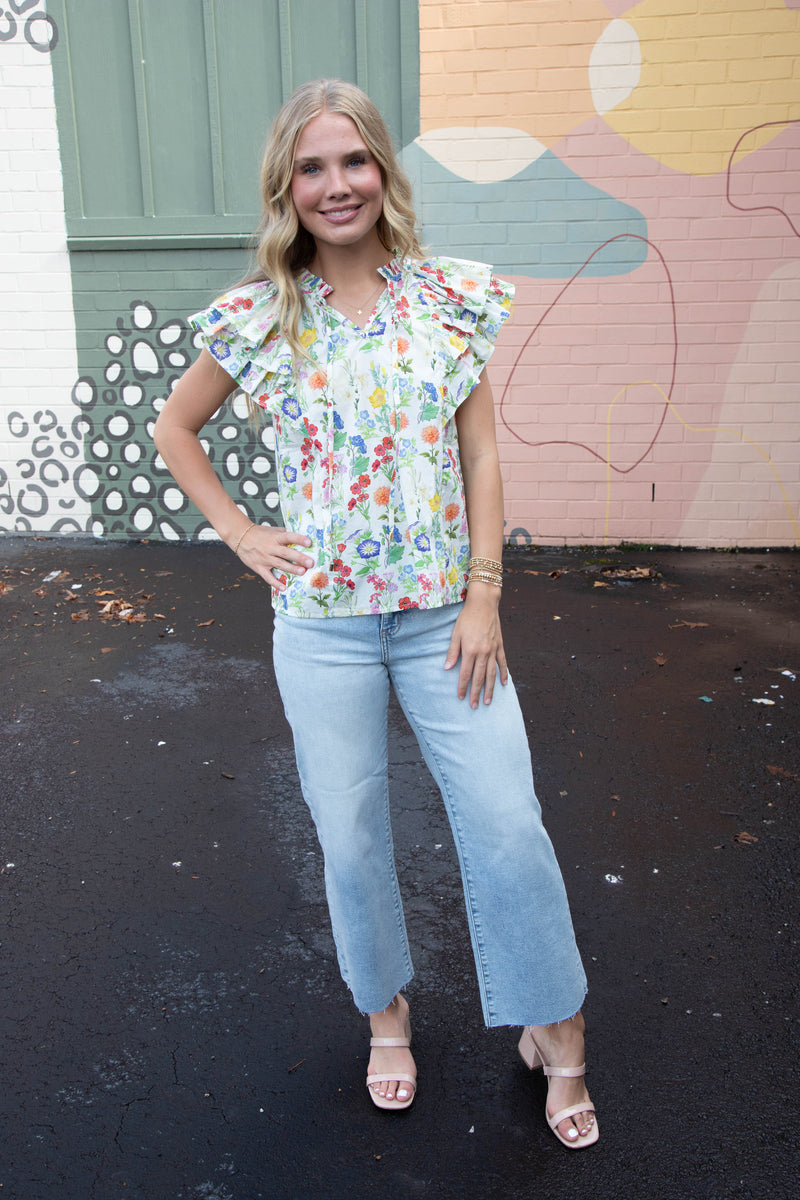 Macie Double Ruffle Sleeve Floral Top, Ivory
