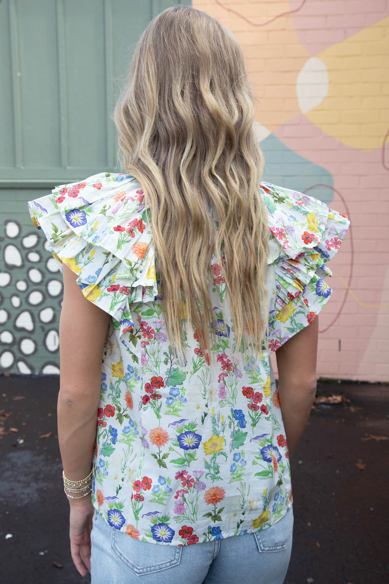 Macie Double Ruffle Sleeve Floral Top, Ivory