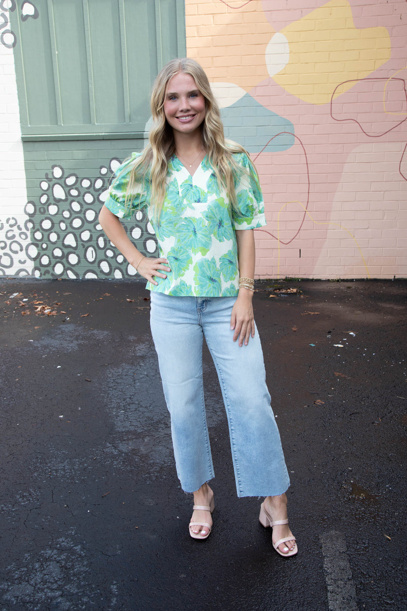 Eden Floral Puff Sleeve Top, Green Ivory Mix